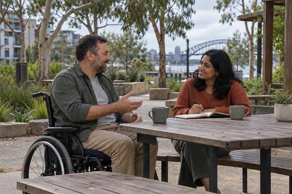 Illustrative conversation between two adults at an accessible outdoor table