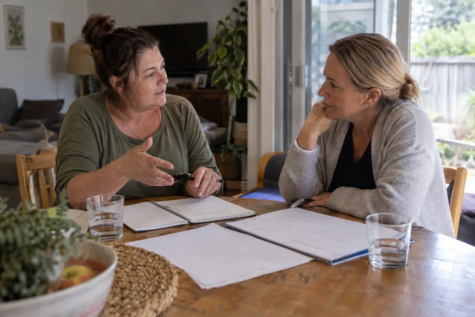 Two adults talk through priorities at a kitchen table.