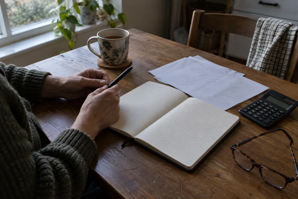 A notebook, blank papers and a calculator ready for a planning conversation.